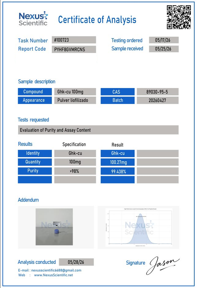 certificate of analysis ghk cu 100mg